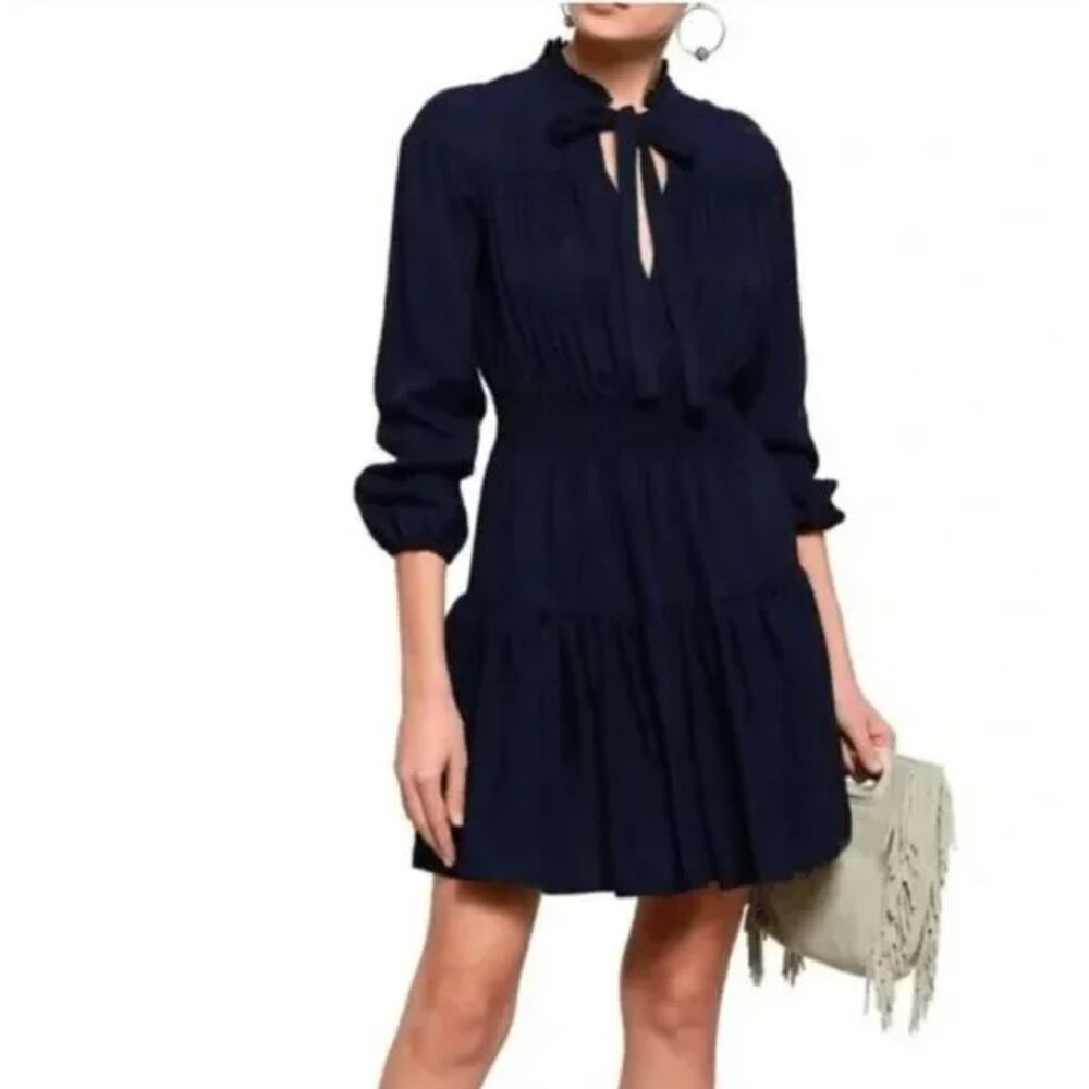 Maje Navy Long Sleeve Tie-Neck Tiered Mini Dress